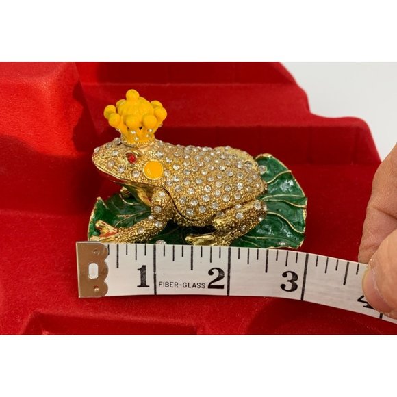 Royal Frog Trinket Box Rhinestone on Gold Metal Hinge Top Lacquer Gift 6560 - Picture 8 of 9